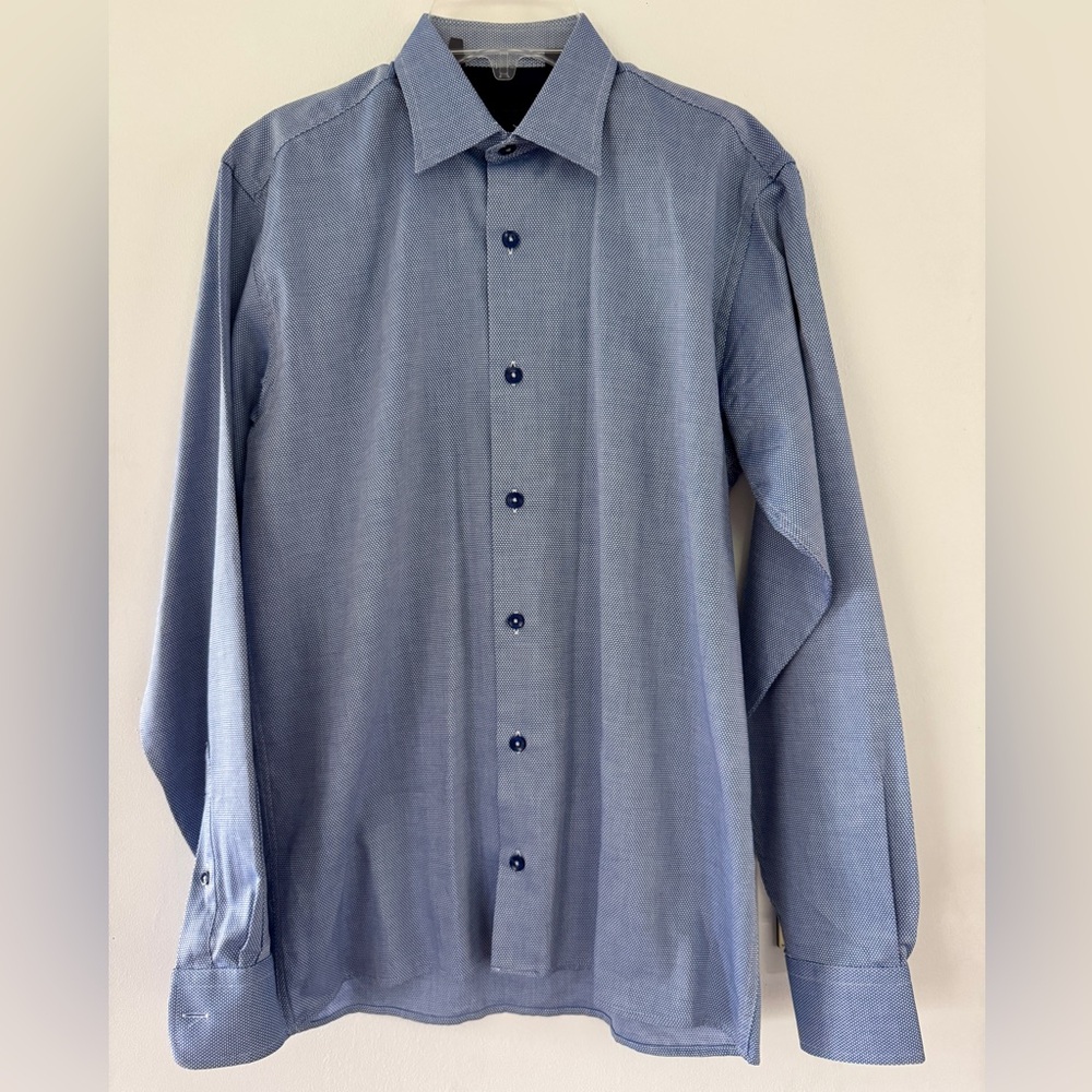 Ragazzo Uomo Boys Bue/White Micro Weave Cotton Dress Shirt. Sz 16R. A+. Luxe.